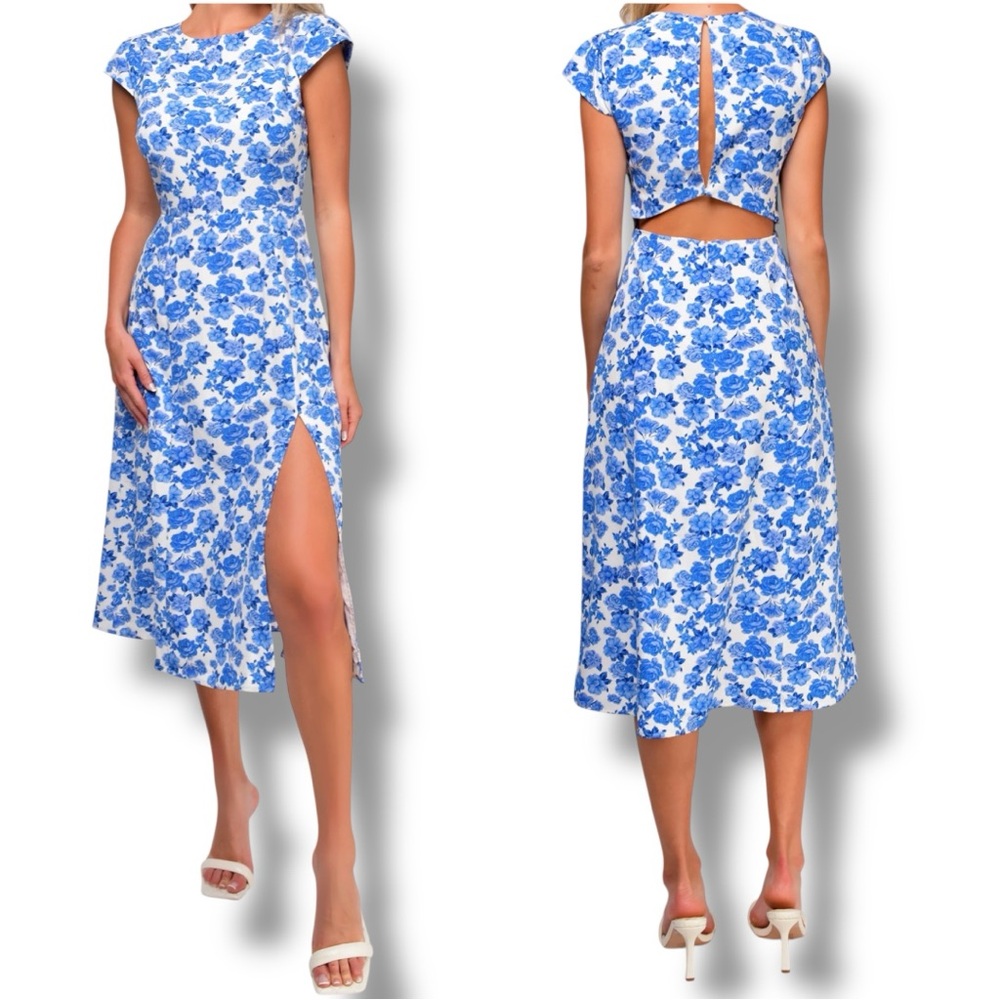Sugarlips Blue Ivory Floral Print Side Slit Midi Dress Size Medium